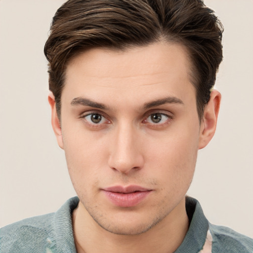 Neutral white young-adult male with short  brown hair and brown eyes