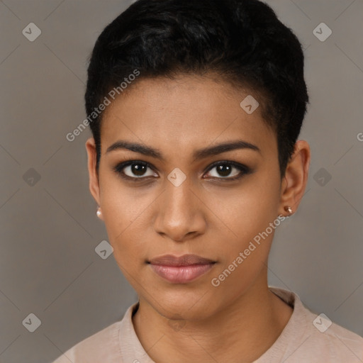 Neutral latino young-adult female with short  black hair and brown eyes