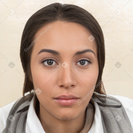 Neutral white young-adult female with long  brown hair and brown eyes