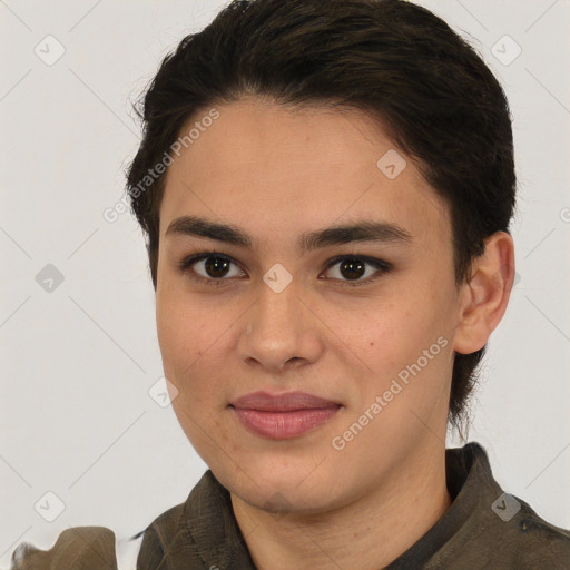 Joyful white young-adult female with short  brown hair and brown eyes