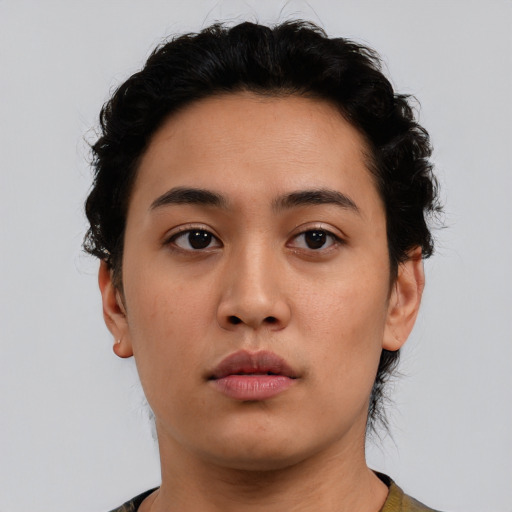 Neutral asian young-adult female with short  brown hair and brown eyes