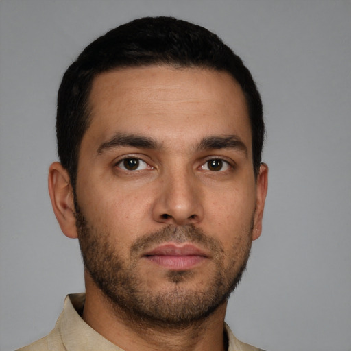 Neutral white young-adult male with short  brown hair and brown eyes