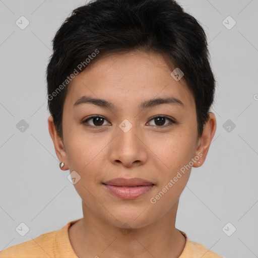 Joyful asian young-adult female with short  brown hair and brown eyes