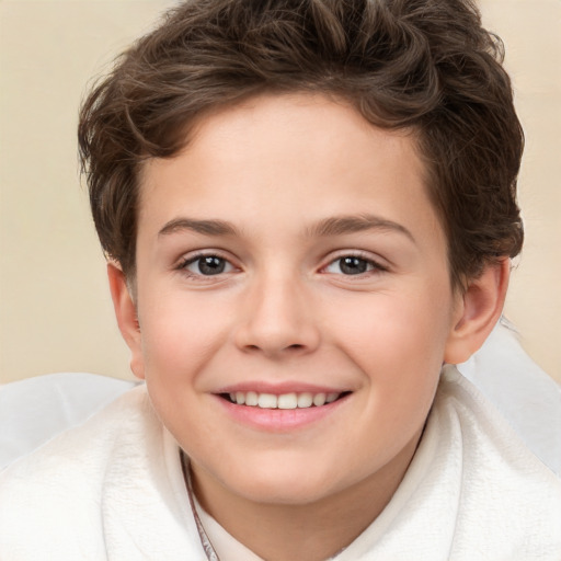 Joyful white child female with short  brown hair and brown eyes