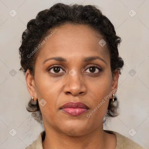 Joyful latino adult female with short  brown hair and brown eyes