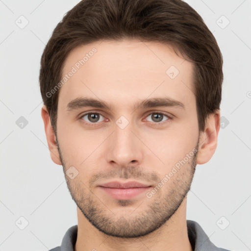 Neutral white young-adult male with short  brown hair and brown eyes