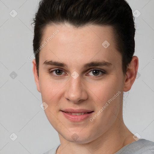 Joyful white young-adult female with short  brown hair and brown eyes