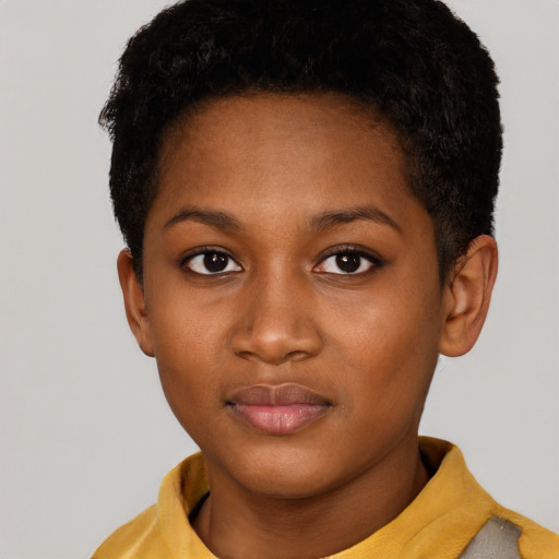 Neutral black young-adult female with short  brown hair and brown eyes
