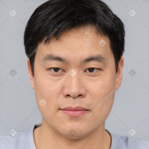 Neutral asian young-adult male with short  black hair and brown eyes