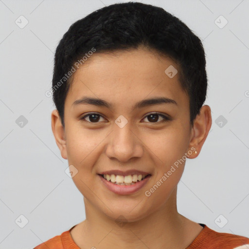 Joyful latino young-adult female with short  black hair and brown eyes