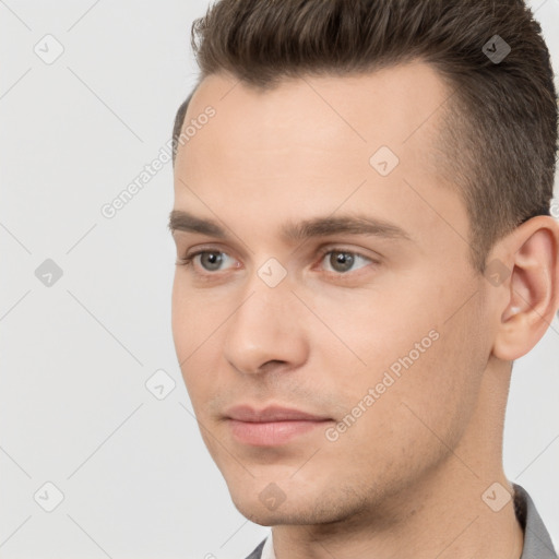 Neutral white young-adult male with short  brown hair and brown eyes