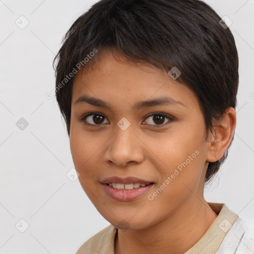 Joyful latino young-adult female with short  brown hair and brown eyes