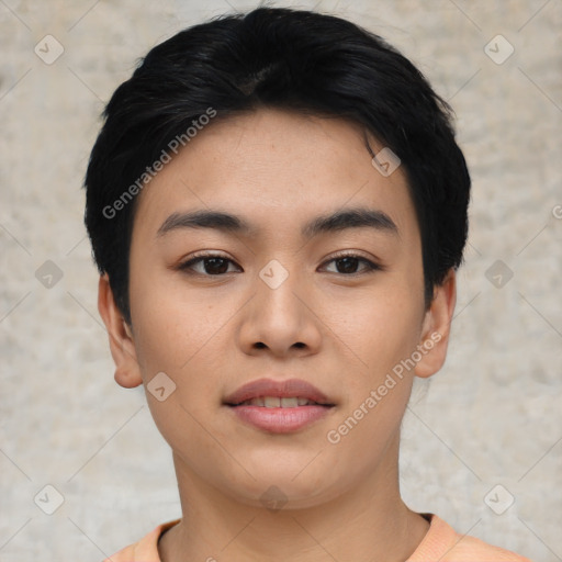 Joyful asian young-adult female with short  black hair and brown eyes