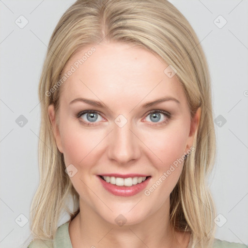 Joyful white young-adult female with medium  brown hair and blue eyes