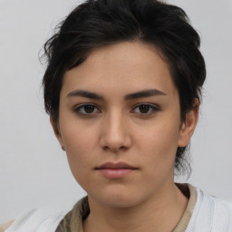 Neutral asian young-adult female with short  brown hair and brown eyes