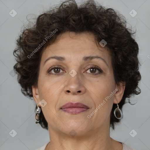 Joyful white adult female with short  brown hair and brown eyes