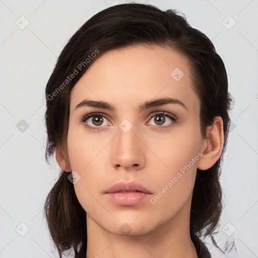 Neutral white young-adult female with medium  brown hair and brown eyes