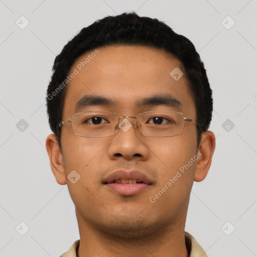 Neutral asian young-adult male with short  black hair and brown eyes