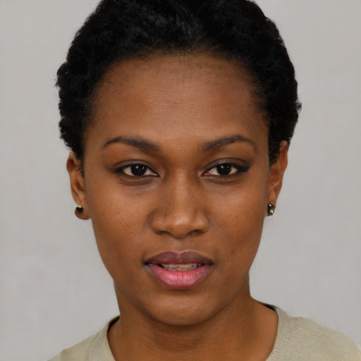 Neutral black young-adult female with short  black hair and brown eyes