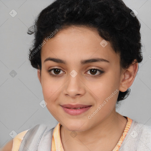 Joyful latino young-adult female with short  black hair and brown eyes