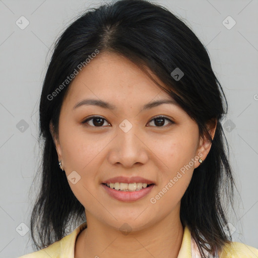 Joyful asian young-adult female with medium  brown hair and brown eyes