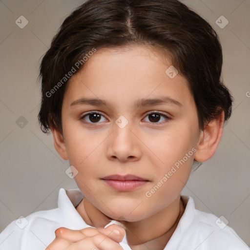 Joyful white child female with medium  brown hair and brown eyes