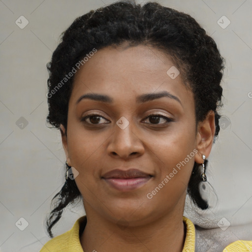 Joyful latino young-adult female with short  black hair and brown eyes