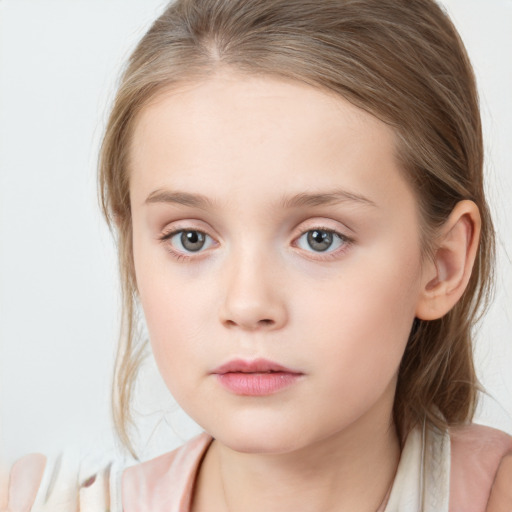 Neutral white child female with medium  brown hair and blue eyes