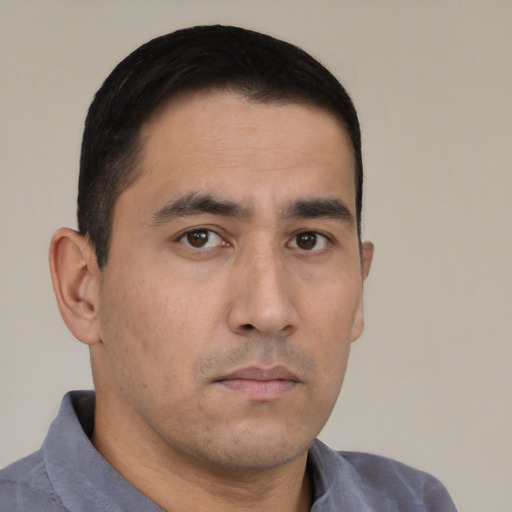 Neutral asian young-adult male with short  black hair and brown eyes