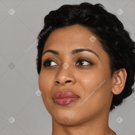 Joyful asian young-adult female with medium  black hair and brown eyes