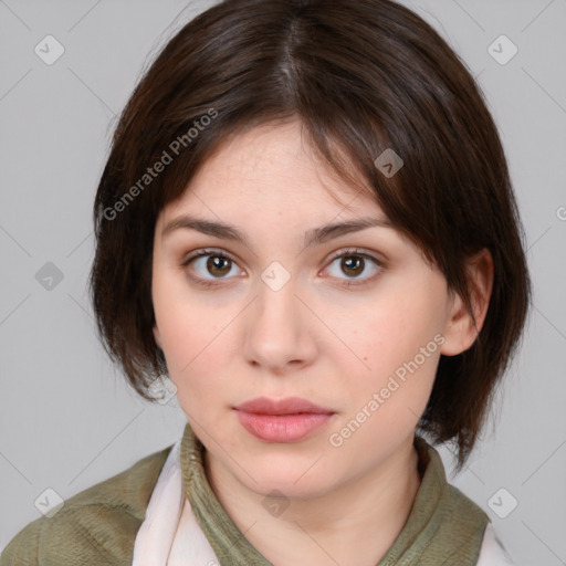 Neutral white young-adult female with medium  brown hair and brown eyes