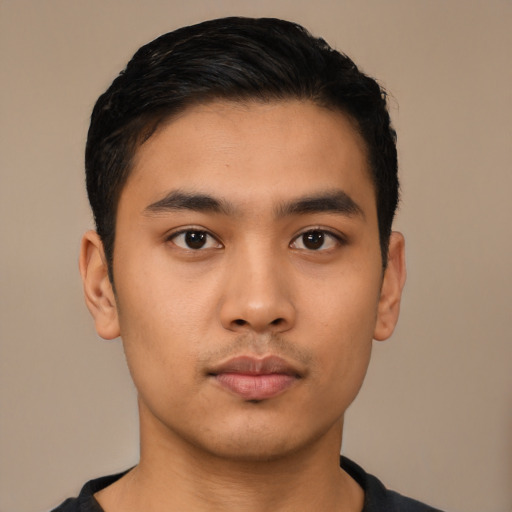 Neutral asian young-adult male with short  black hair and brown eyes