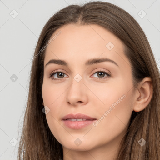 Neutral white young-adult female with long  brown hair and brown eyes