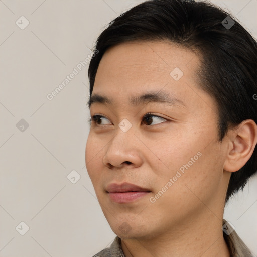 Neutral asian young-adult male with short  brown hair and brown eyes