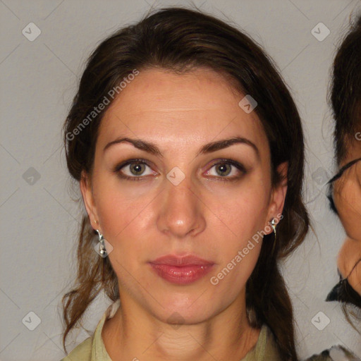 Neutral white young-adult female with medium  brown hair and brown eyes