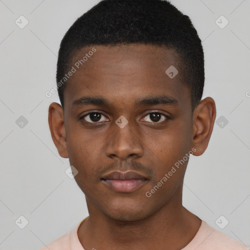 Neutral black young-adult male with short  black hair and brown eyes