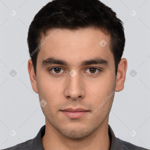 Neutral white young-adult male with short  brown hair and brown eyes