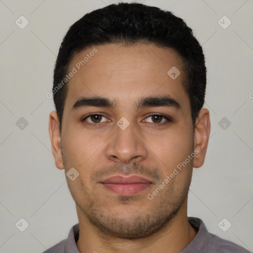 Neutral latino young-adult male with short  black hair and brown eyes