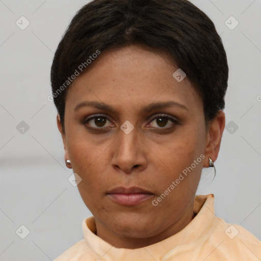 Neutral black young-adult female with short  brown hair and brown eyes
