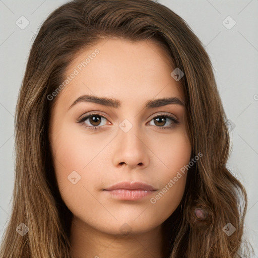 Neutral white young-adult female with long  brown hair and brown eyes