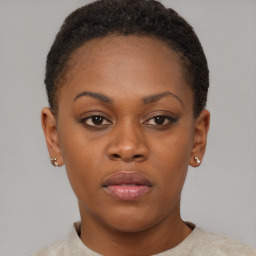 Neutral black young-adult female with short  brown hair and brown eyes