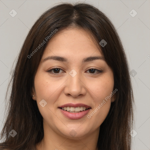 Joyful white young-adult female with long  brown hair and brown eyes