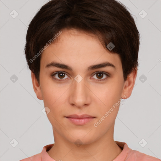 Neutral white young-adult female with short  brown hair and brown eyes