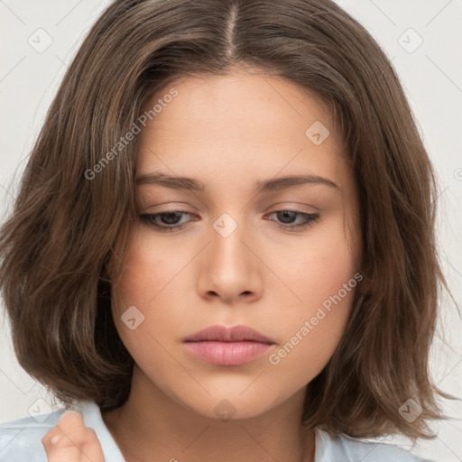 Neutral white young-adult female with medium  brown hair and brown eyes