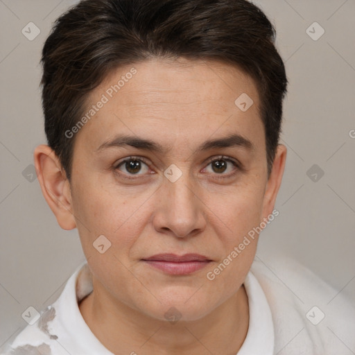 Joyful white young-adult female with short  brown hair and brown eyes