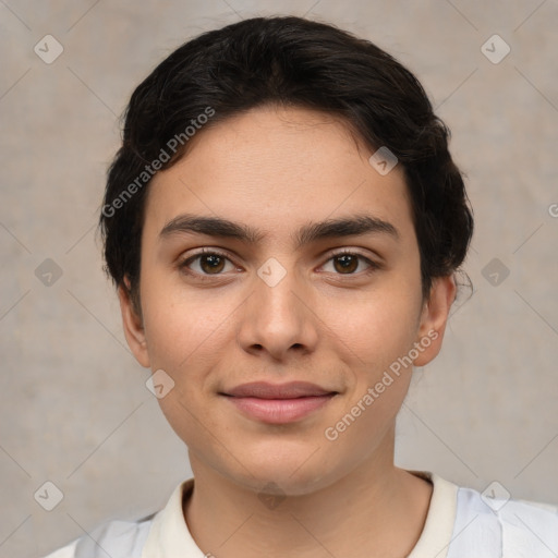 Joyful white young-adult female with short  brown hair and brown eyes