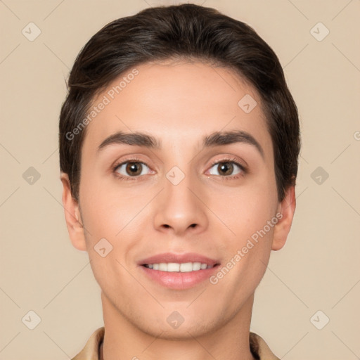 Joyful white young-adult female with short  brown hair and brown eyes