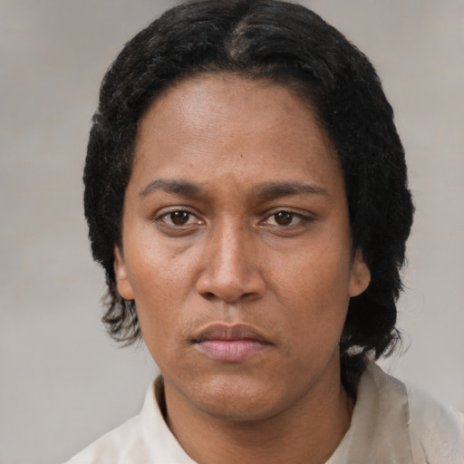 Neutral black adult female with short  black hair and brown eyes