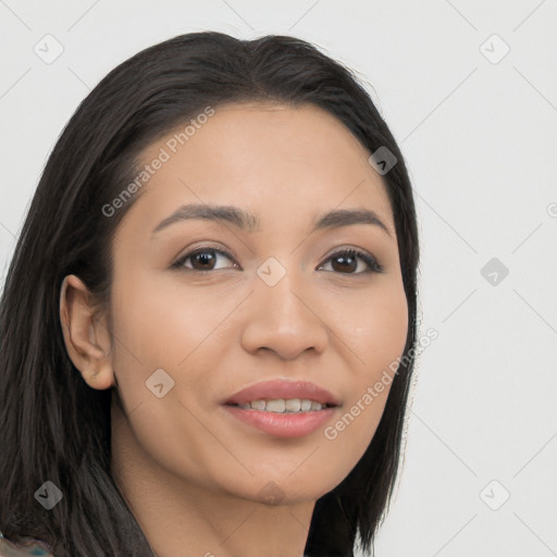 Joyful white young-adult female with long  black hair and brown eyes