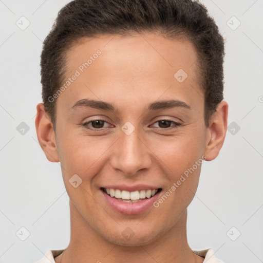 Joyful white young-adult female with short  brown hair and brown eyes